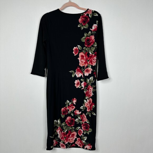 White House Black Market Floral Print Bodycon Dress Black Grenadine Small #A1408 - Picture 3 of 8